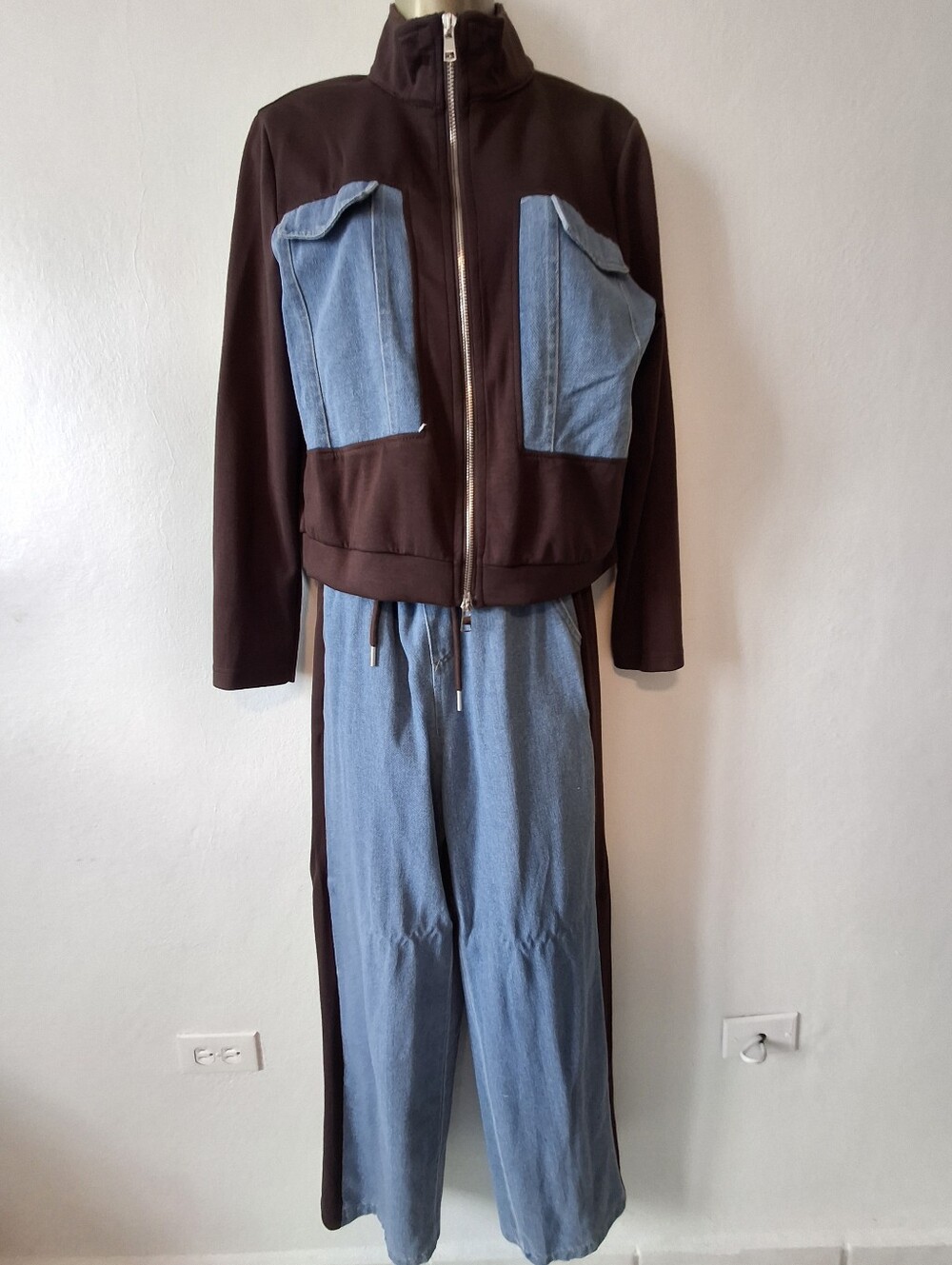 Two-Tone Brown and Light Blue Women's Pant Set